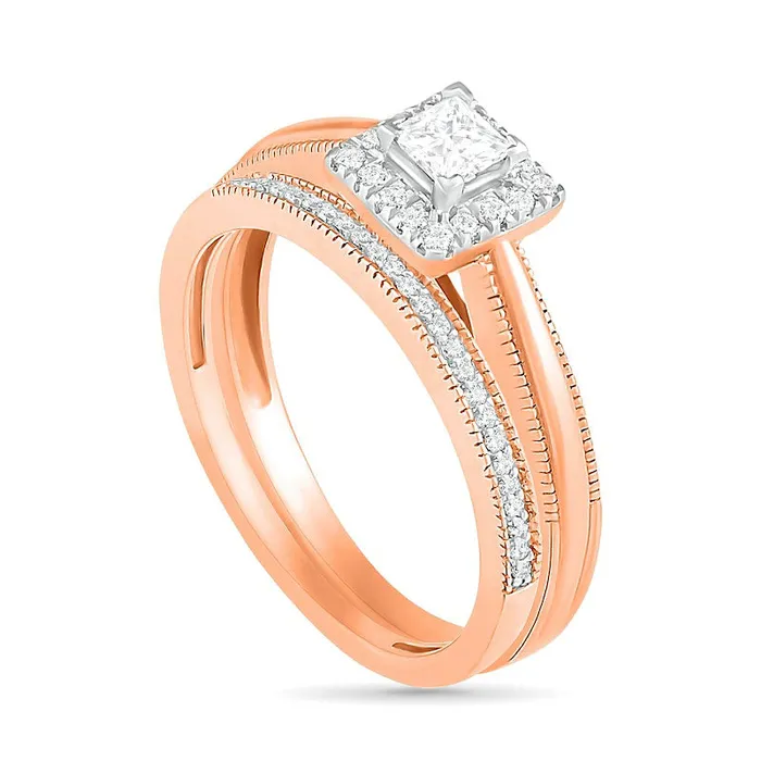 033 CT TW PrincessCut Natural Diamond Frame Antique VintageStyle Bridal Engagement Ring Set in Solid 10K Rose Gold Goldia Rings
