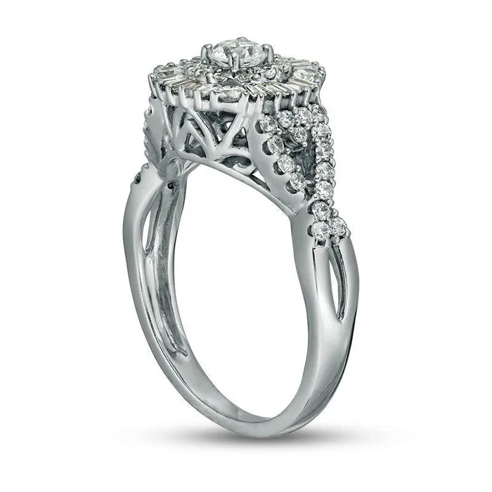 10 CT TW Baguette and Round Natural Diamond Sunburst Frame TriSides Engagement Ring in Solid 14K White Gold Goldia Rings 10 CT TW Baguette and Round Natural Diamond Sunburst Frame TriSides Engagement Ring in Solid 14K White Gold Goldia Rings