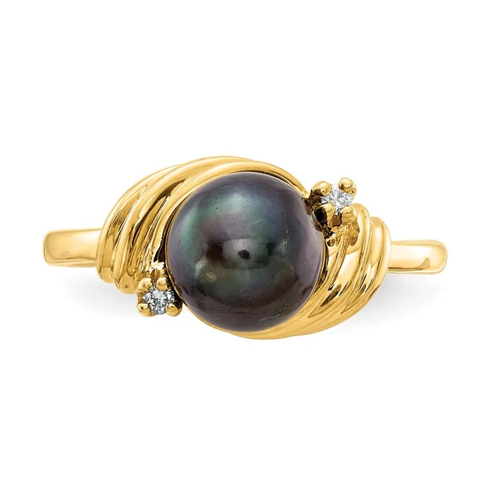 14k Yellow Gold 7mm Black FW Cultured Pearl AAA Diamond ring Goldia Rings