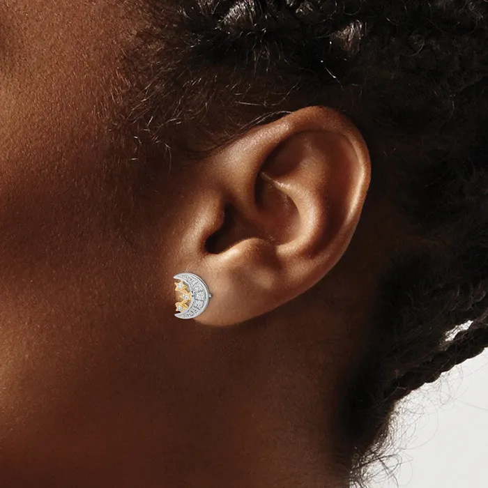 Earrings 14k Yellow Gold Twotone Moon w3Stars Real Diamond Post Earrings Goldia