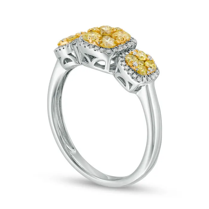 Goldia Rings 075 CT TW Yellow and White Composite Natural Diamond Three Stone Cushion Frame Ring in Solid 14K White Gold Size 7 Goldia Rings 075 CT TW Yellow and White Composite Natural Diamond Three Stone Cushion Frame Ring in Solid 14K White Gold Size 7
