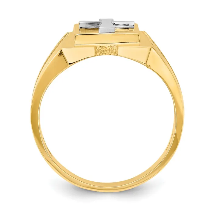 Rings 14k TwoTone Gold Polished Cross on Top Mens Ring Goldia