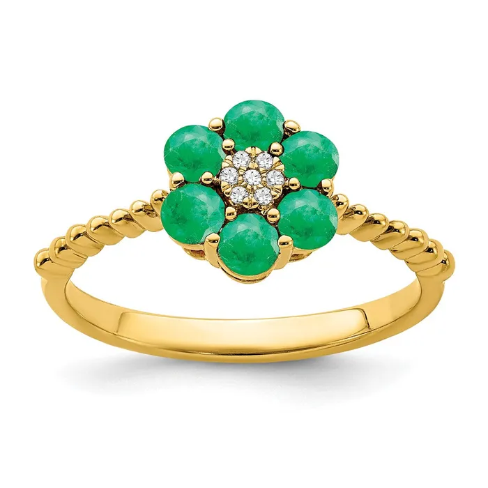 Rings Solid 14k Yellow Gold Simulated Emerald and CZ Floral Ring Goldia