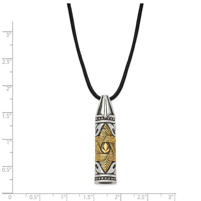 Chisel Stainless Steel Antiqued and Polished with 14k Gold Accent Star of David Pendant on a 20 inch Leather Cord Necklace TreasureFineJewelers Necklaces