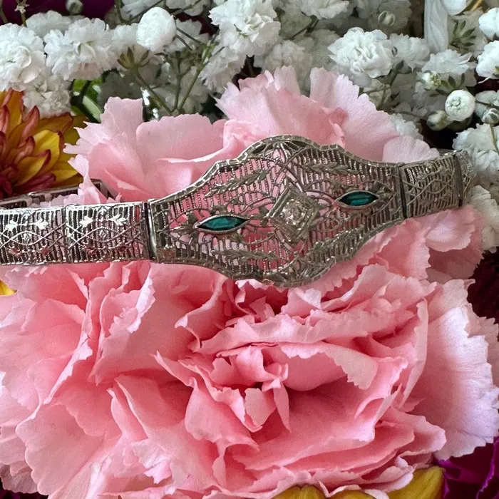 ONeills Estate Jewelry Bracelets 14 Karat White Gold Art Deco Diamond Synthetic Emerald Bracelet 54000078 ONeills Estate Jewelry Bracelets 14 Karat White Gold Art Deco Diamond Synthetic Emerald Bracelet 54000078