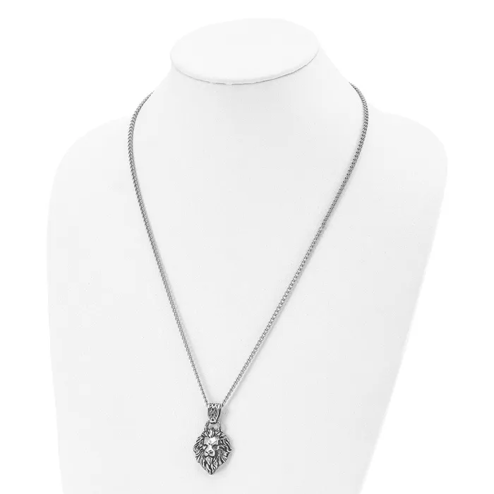TreasureFineJewelers Necklaces Chisel Stainless Steel Antiqued and Polished Small Lion Head with Swirl Design Pendant on a 24 inch Curb Chain Necklace