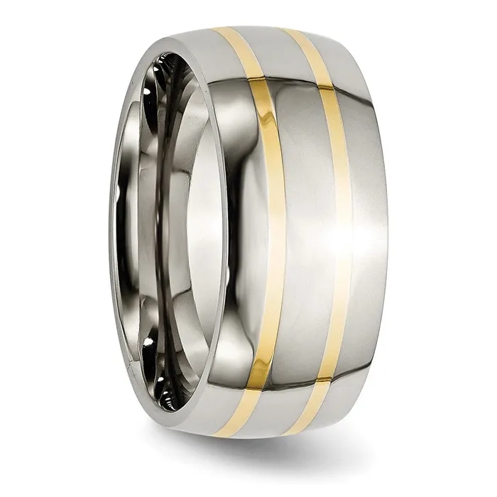 TreasureFineJewelers Rings Titanium Polished w14k Yellow Gold Inlay 10mm Band