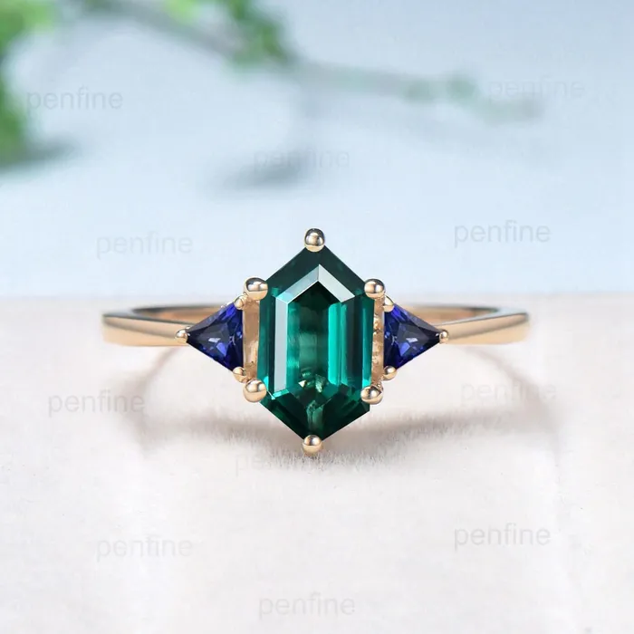 PENFINE Rings 3pcs Long hexagon Emerald Engagement Ring Set Three Stone Trillion Blue Sapphire Wedding Ring Vintage alexandrite opal stacking bridal set
