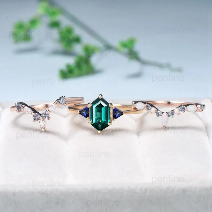 PENFINE Rings 3pcs Long hexagon Emerald Engagement Ring Set Three Stone Trillion Blue Sapphire Wedding Ring Vintage alexandrite opal stacking bridal set