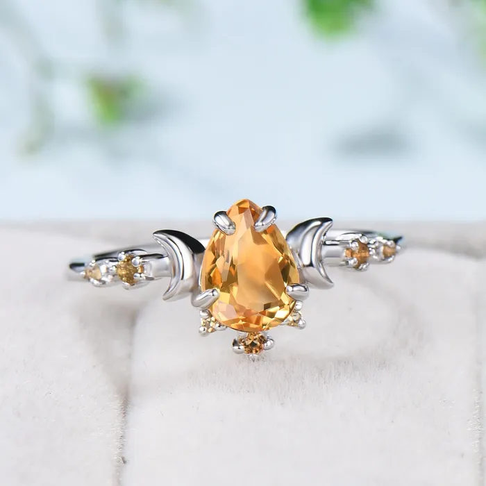 PENFINE Rings Vintage Pear Shaped Citrine Engagement Ring Unique Crescent moon orange citrine gold wedding ring women celestial anniversary gift for her PENFINE Rings Vintage Pear Shaped Citrine Engagement Ring Unique Crescent moon orange citrine gold wedding ring women celestial anniversary gift for her