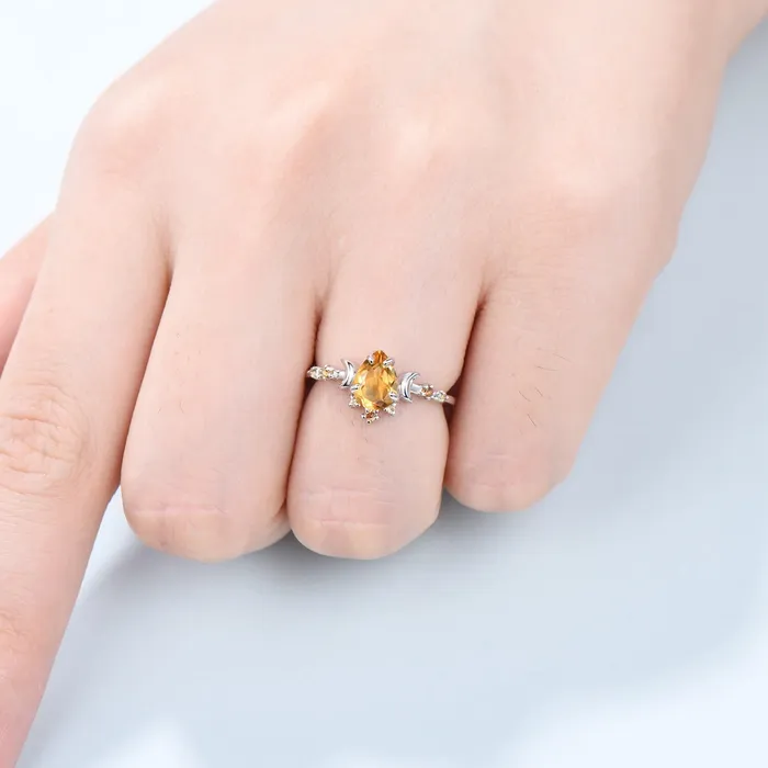 PENFINE Rings Vintage Pear Shaped Citrine Engagement Ring Unique Crescent moon orange citrine gold wedding ring women celestial anniversary gift for her PENFINE Rings Vintage Pear Shaped Citrine Engagement Ring Unique Crescent moon orange citrine gold wedding ring women celestial anniversary gift for her