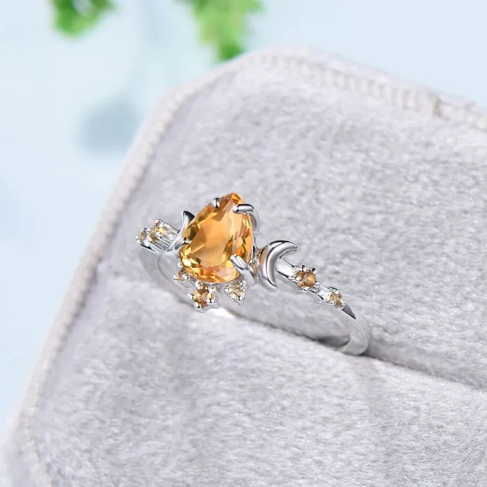 PENFINE Rings Vintage Pear Shaped Citrine Engagement Ring Unique Crescent moon orange citrine gold wedding ring women celestial anniversary gift for her PENFINE Rings Vintage Pear Shaped Citrine Engagement Ring Unique Crescent moon orange citrine gold wedding ring women celestial anniversary gift for her