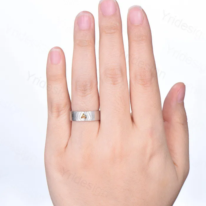 Rings PENFINE 6mm Mens Ring Trillion Citrine Brushed Finished Band Solitaire Wedding Band Silver White Gold Unique Citrine Anniversary Band Gift For Men