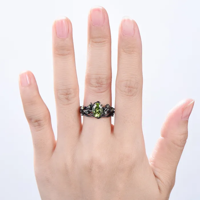 Unique Black Gold Peridot Ring Set Nature Inspired August Birthstone Engagement Ring branch twig peridot leaf wedding ring set for women PENFINE Rings