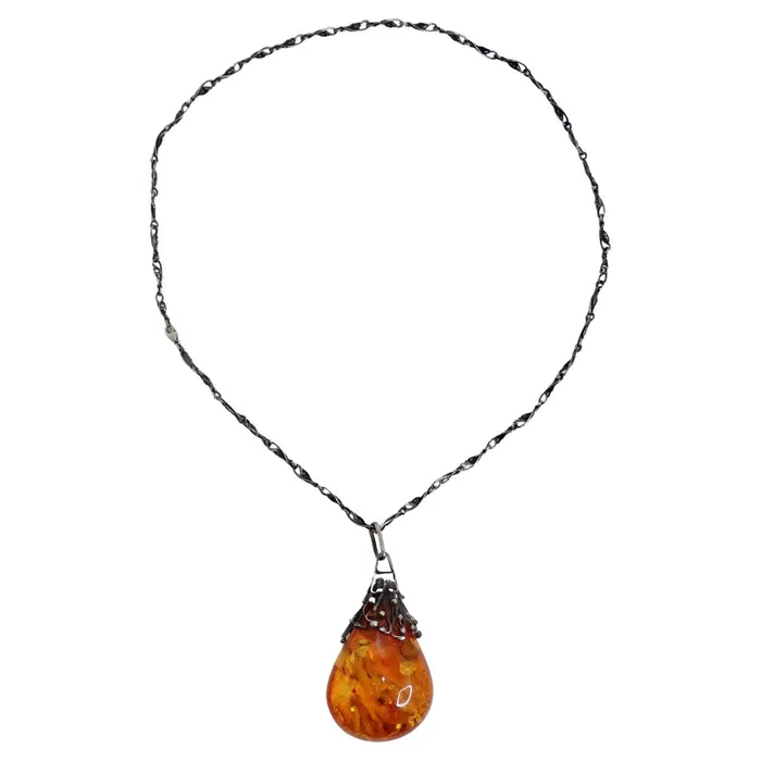 Vintage by Misty Necklaces 1960s Silver Amber Pendant Necklace