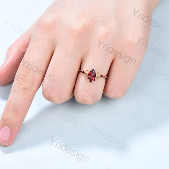 Vintage Pear Shaped Red Ruby Engagement Ring Unique Crescent moon Lab Ruby magic gold wedding ring women celestial anniversary gift for her PENFINE Rings