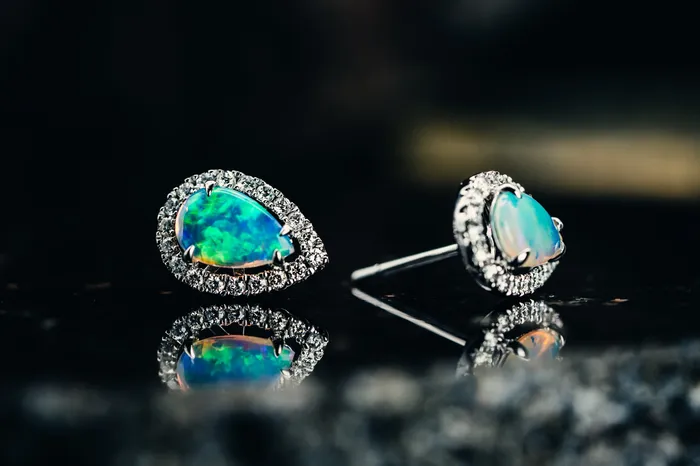 Earrings 14k White Gold Opal and Diamond Earrings GBC