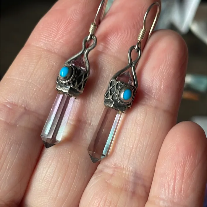 Earrings Vintage Paris Jewelry Fluorite Point Crystal Drop Earrings Turquoise Sterling Silver Vintage