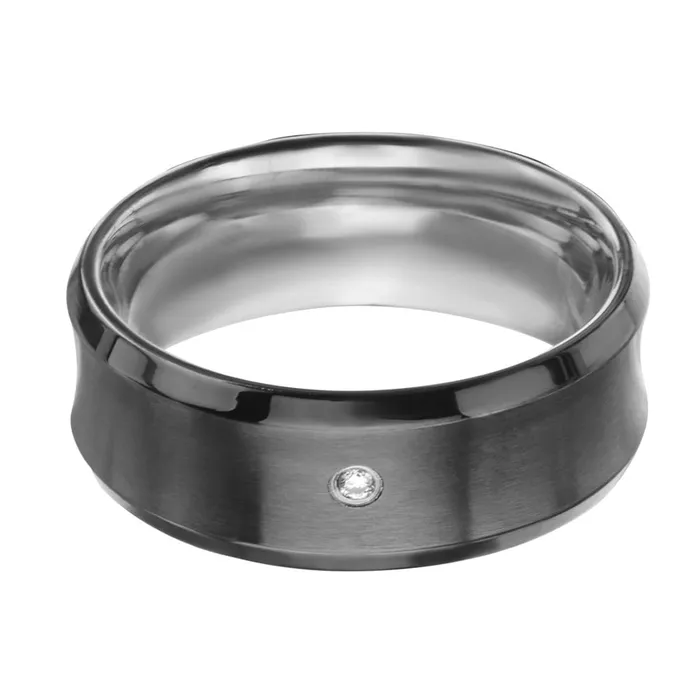 INOX JEWELRY Black and Silver Tone Stainless Steel Brushed White CZ Ring Rings