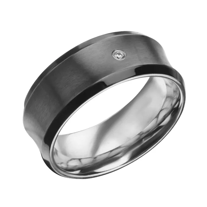 INOX JEWELRY Black and Silver Tone Stainless Steel Brushed White CZ Ring Rings