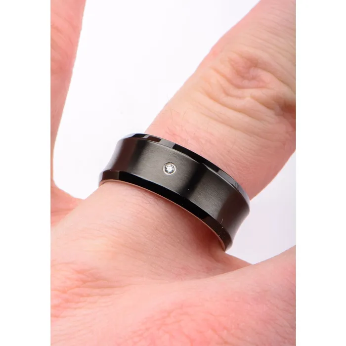 INOX JEWELRY Black and Silver Tone Stainless Steel Brushed White CZ Ring Rings