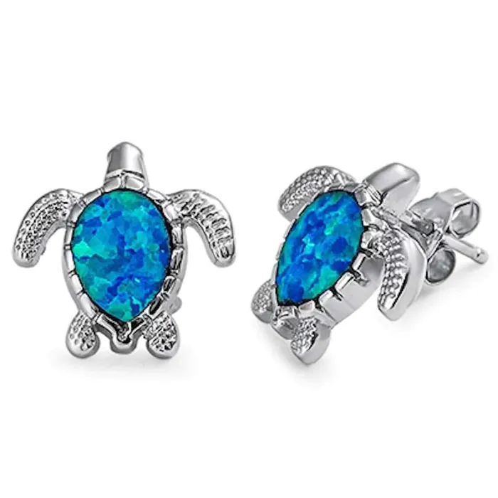 Sonara Earrings Larimar or Created Opal Sea Turtle Post or Hook Earrings 925 Sterling Silver