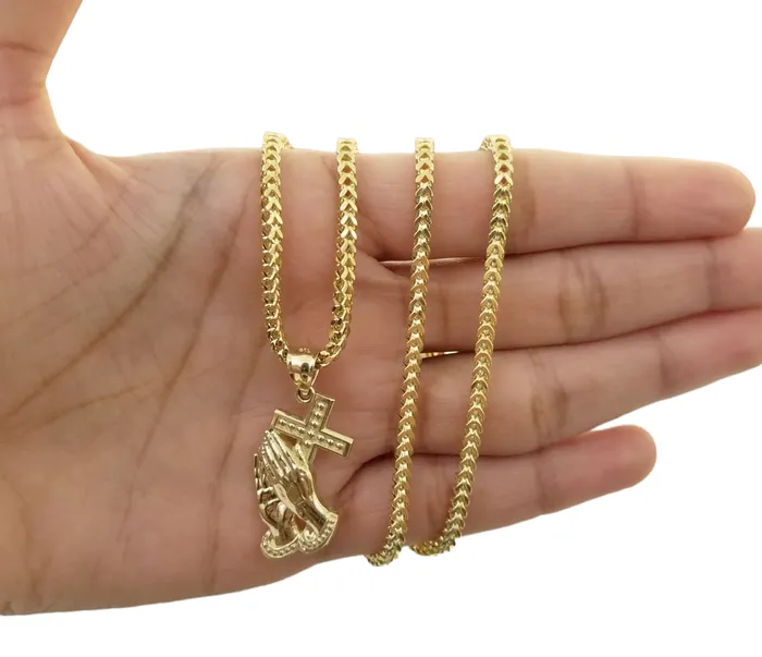 Gold and Diamond Charm Necklaces Real 10K Gold Praying Hand Jesus Cross Pendent 4mm Franco Chain 22 Inch Charm