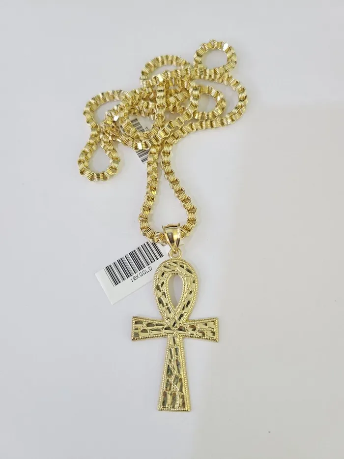 Gold and Diamond Necklaces 10k Gold Byzantine Necklace Ankh Cross Charm 1828 inch 3mm SET Chain Pendant