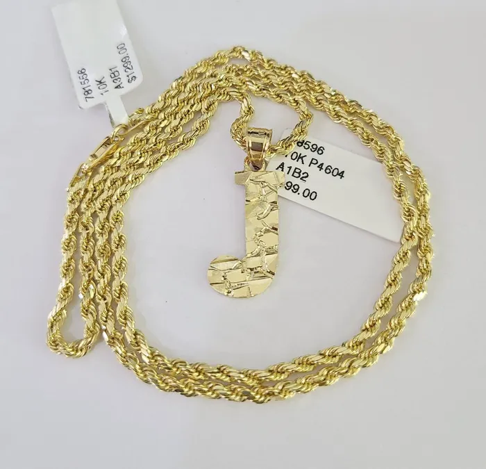 Gold and Diamond Necklaces 10k Gold Initial J Charm Rope Chain 1626 25mm SET Necklace Alphabet Pendant