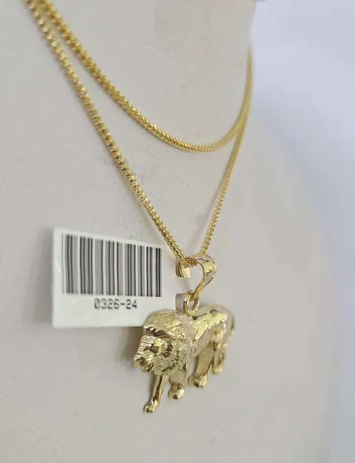 Gold and Diamond Necklaces 10K Solid Franco Chain Lion Pendant Charm Necklace 1824 15mm Yellow Gold