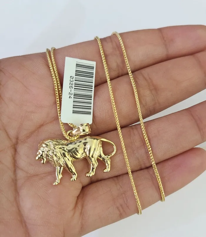 Gold and Diamond Necklaces 10K Solid Franco Chain Lion Pendant Charm Necklace 1824 15mm Yellow Gold
