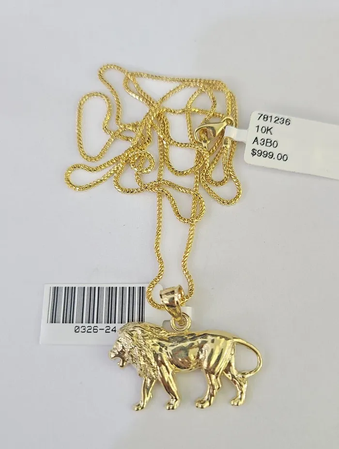 Gold and Diamond Necklaces 10K Solid Franco Chain Lion Pendant Charm Necklace 1824 15mm Yellow Gold