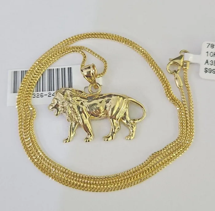 Gold and Diamond Necklaces 10K Solid Franco Chain Lion Pendant Charm Necklace 1824 15mm Yellow Gold