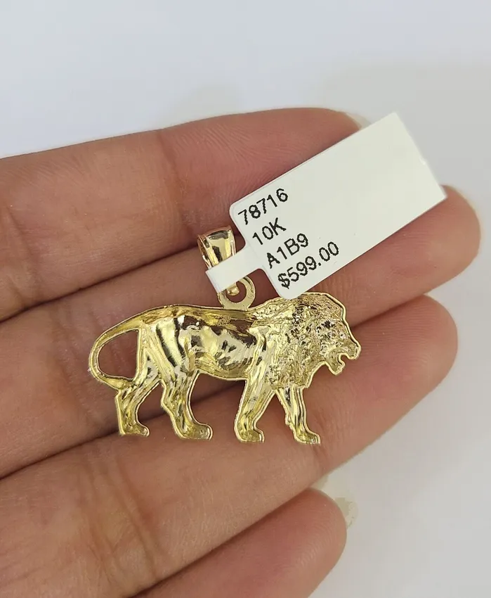 Gold and Diamond Necklaces 10K Solid Franco Chain Lion Pendant Charm Necklace 1824 15mm Yellow Gold