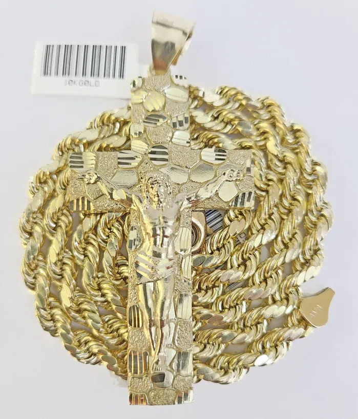 Gold and Diamond Necklaces Real 10k Gold Nugget Cross Rope Necklace 6mm 24 Chain Charm SET 10kt