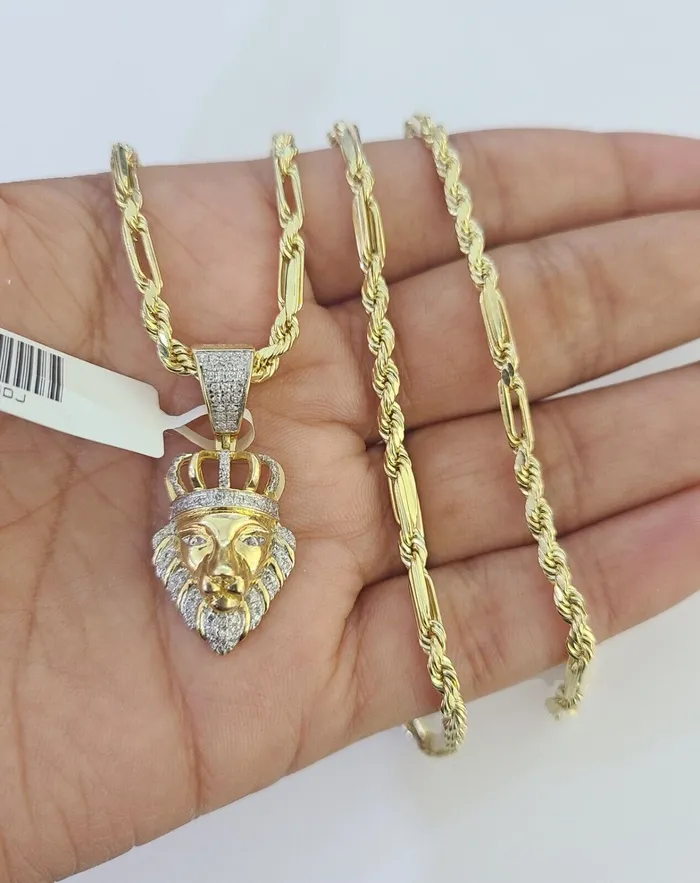 Gold and Diamond Necklaces Real 10k Milano Rope Chain Diamond Lion Charm Necklace SET 3mm 18 20 22 24