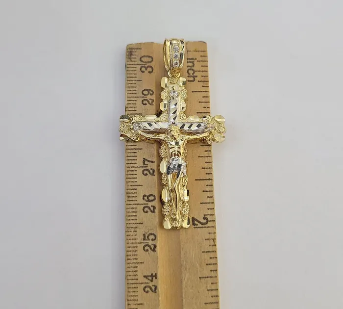 Gold and Diamond Real 10k Gold Jesus Cross Pendant Charm Crucifix 2 Inch 10kt Yellow Gold For Men PreStyled Sets