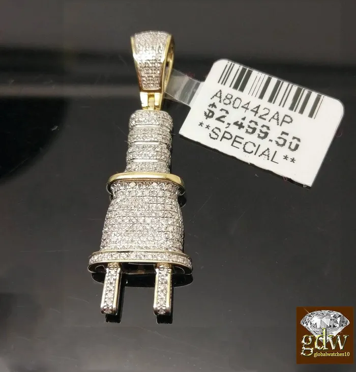 Gold and Diamond Real 10k Yellow Gold Genuine Diamond Plug Charm Pendent 22 Inch Rope Chain Charm Necklaces