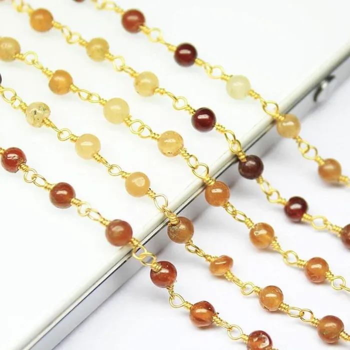 Jalvi Co Necklaces Natural Shaded Hessonite Smooth Round Beads Gold Plated Brass Link Chain 5 x 14
