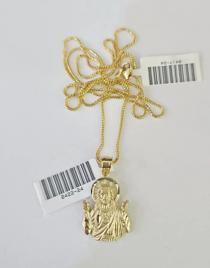 Necklaces 10K Solid Franco Chain Praying Jesus Cross Pendant Charm Necklace 1824 15mm Gold and Diamond