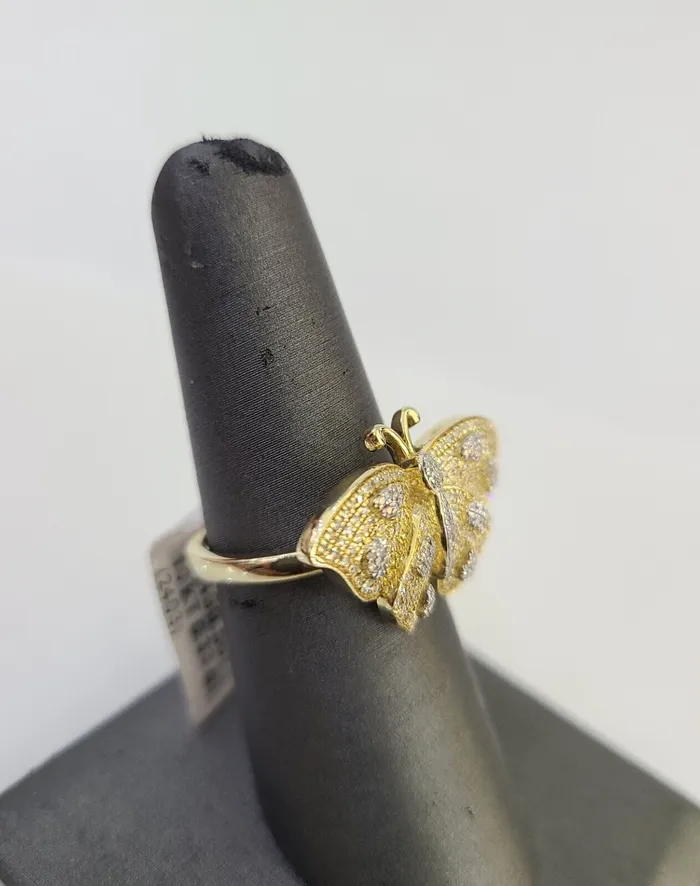Real 10k Butterfly Diamond Ladies Ring Women Casual 10Kt Yellow Gold Globalwatches10 Rings